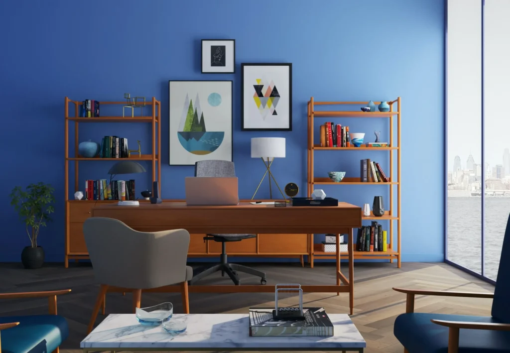 Diseño de oficinas corporativas modernas con mobiliario ergonómico y decoración en tonos azules.