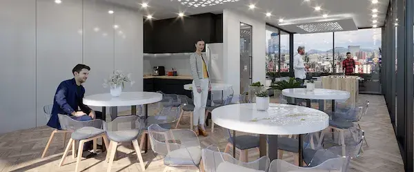 Render de diseño de terraza roof garden corporativo con mobiliario moderno de exterior.